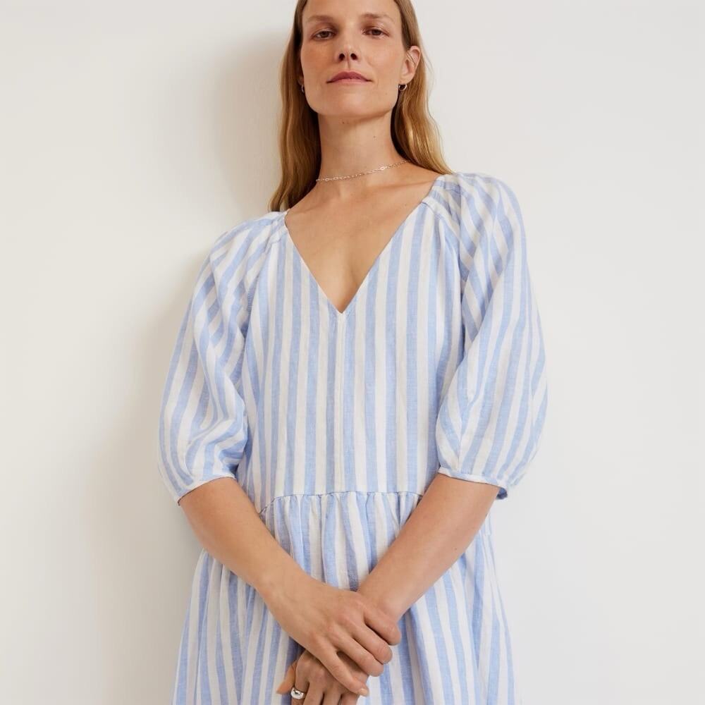 Everlane The Linen Oversized Puff Sleeve Midi Dress Striped Blue V-Neck Size XS - Picture 3 of 11
